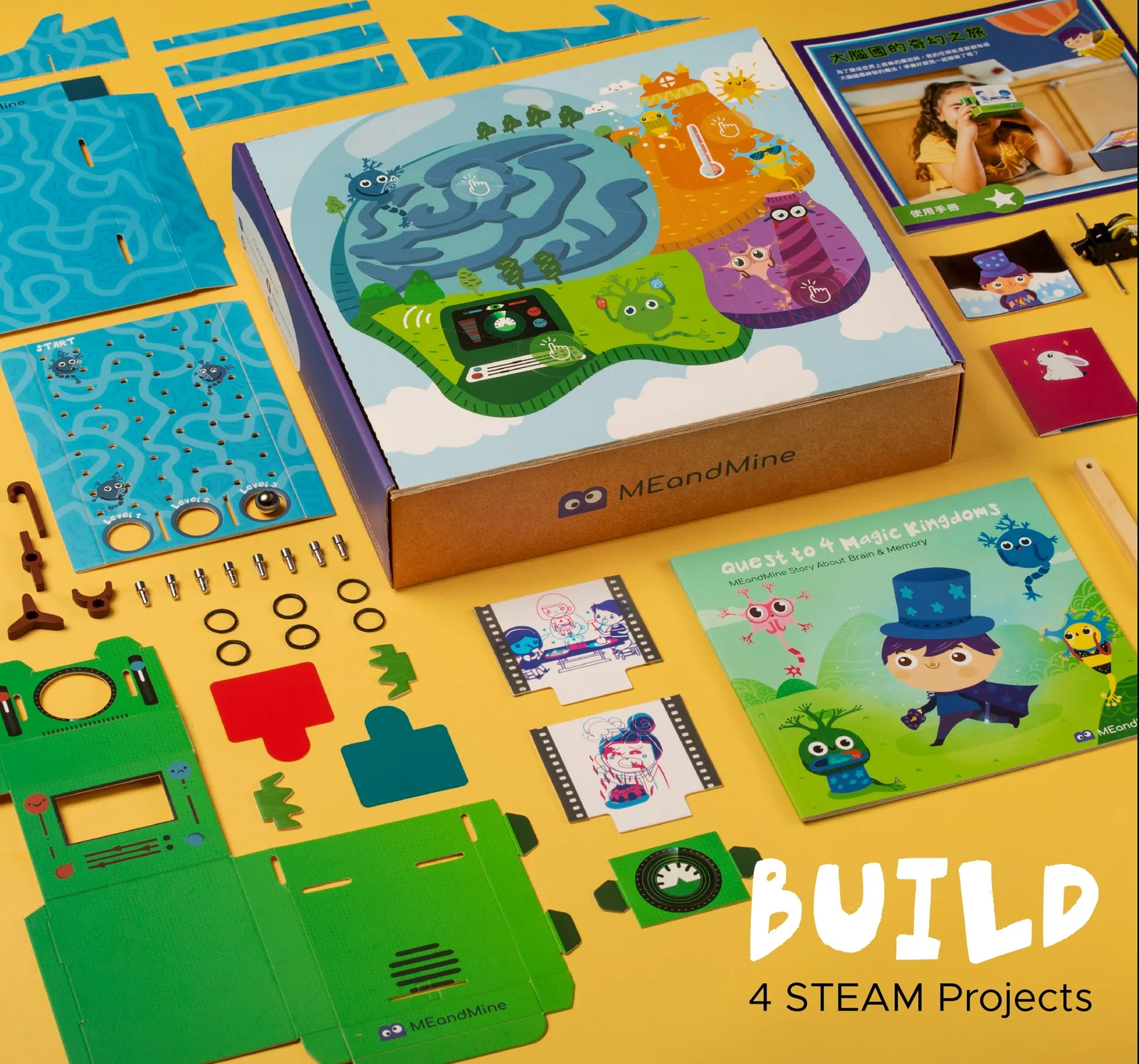 AHA! Brain box opened to show the four buildable STEM projects