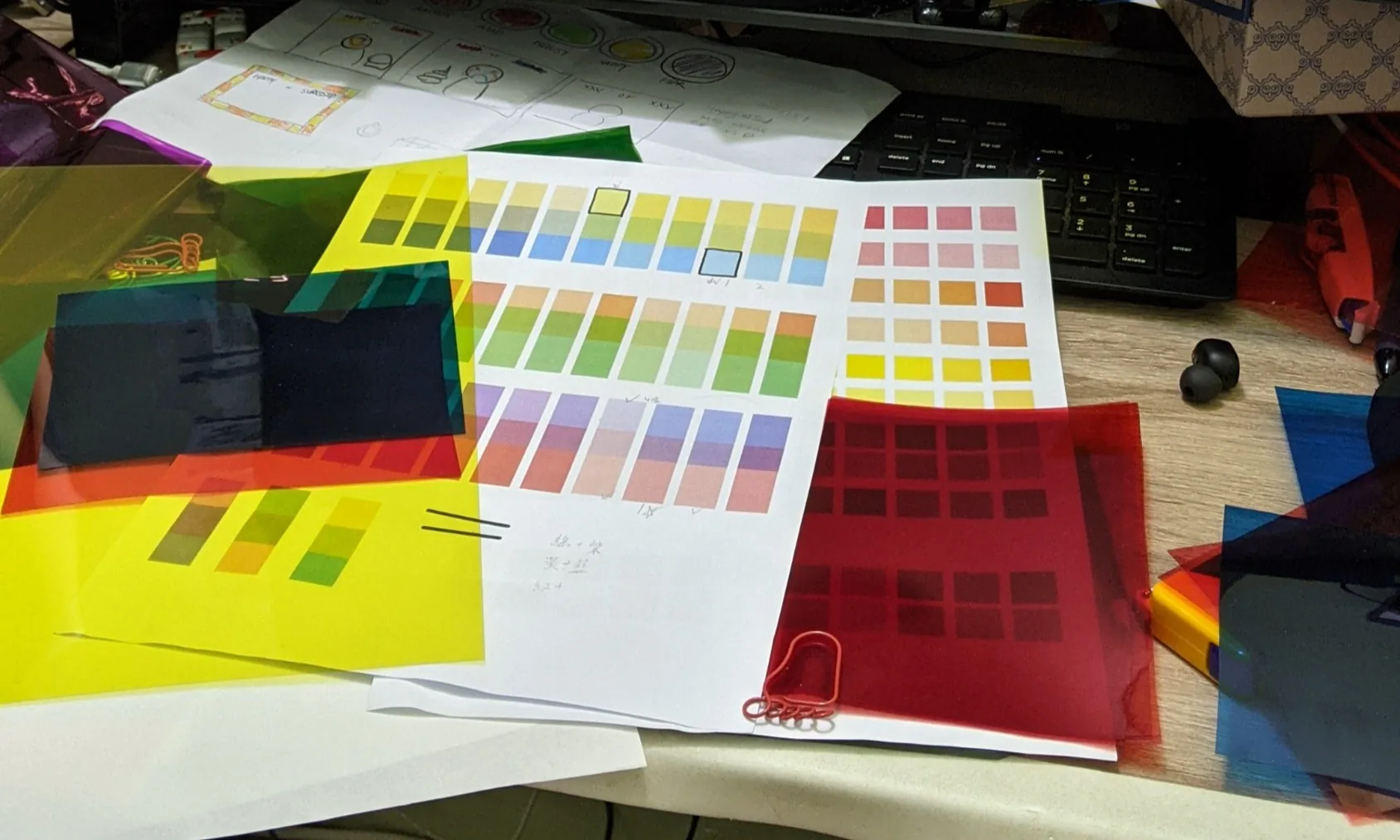 Testing colored cellophane filters over hand-drawn marks