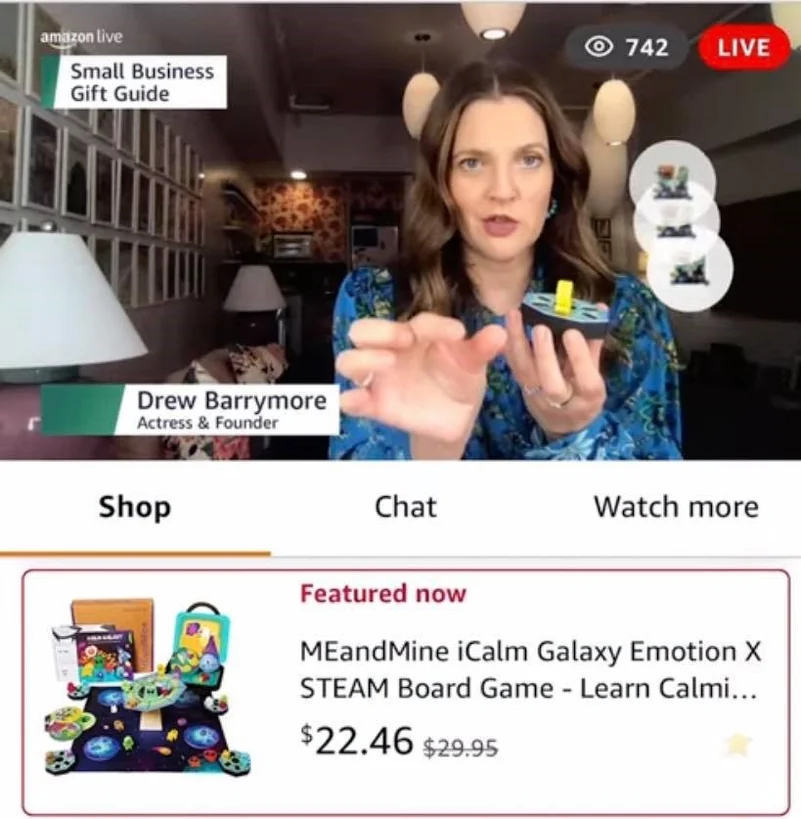 Drew Barrymore presenting iCalm Galaxy during an Amazon Live segment