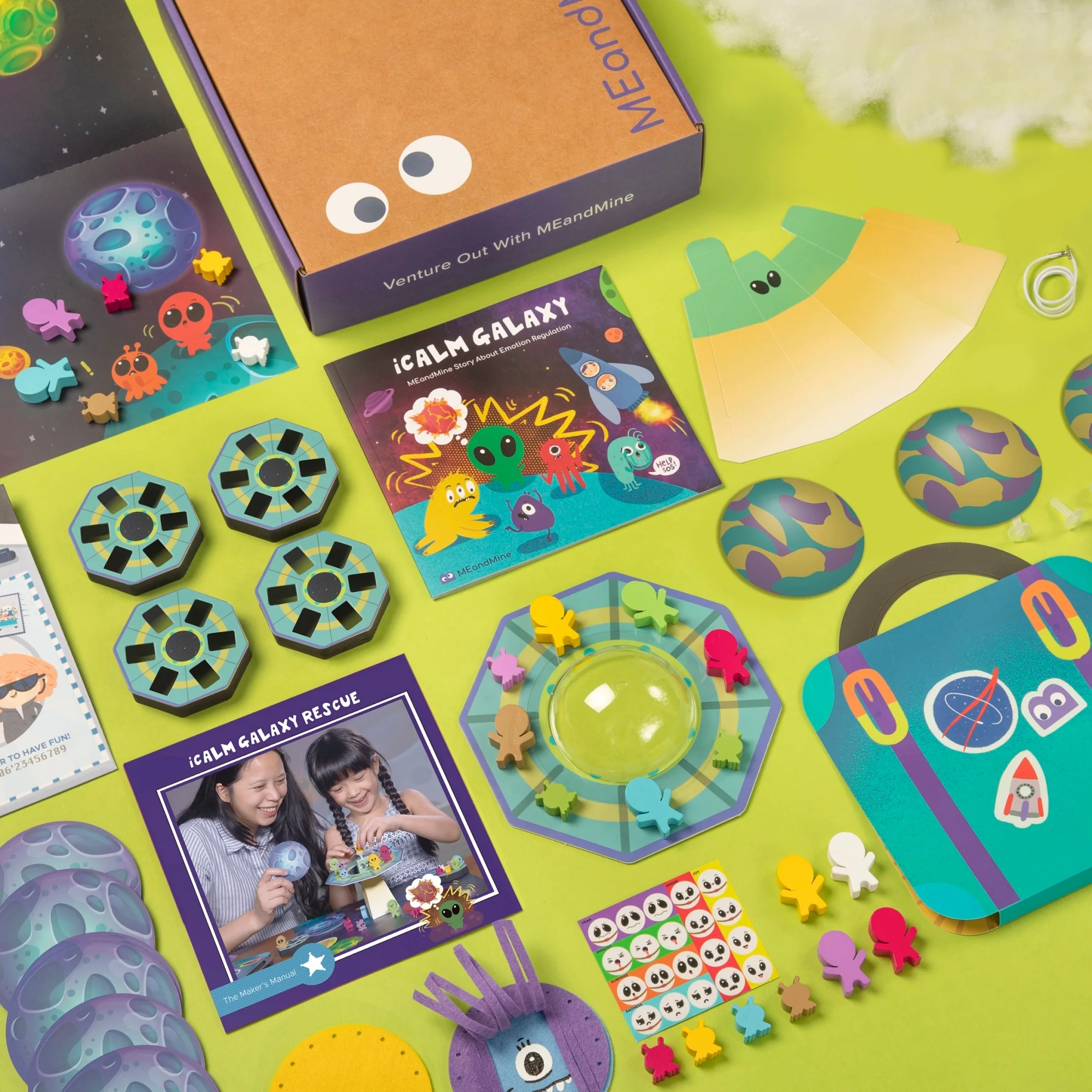 The complete iCalm Galaxy product system arranged on a green surface