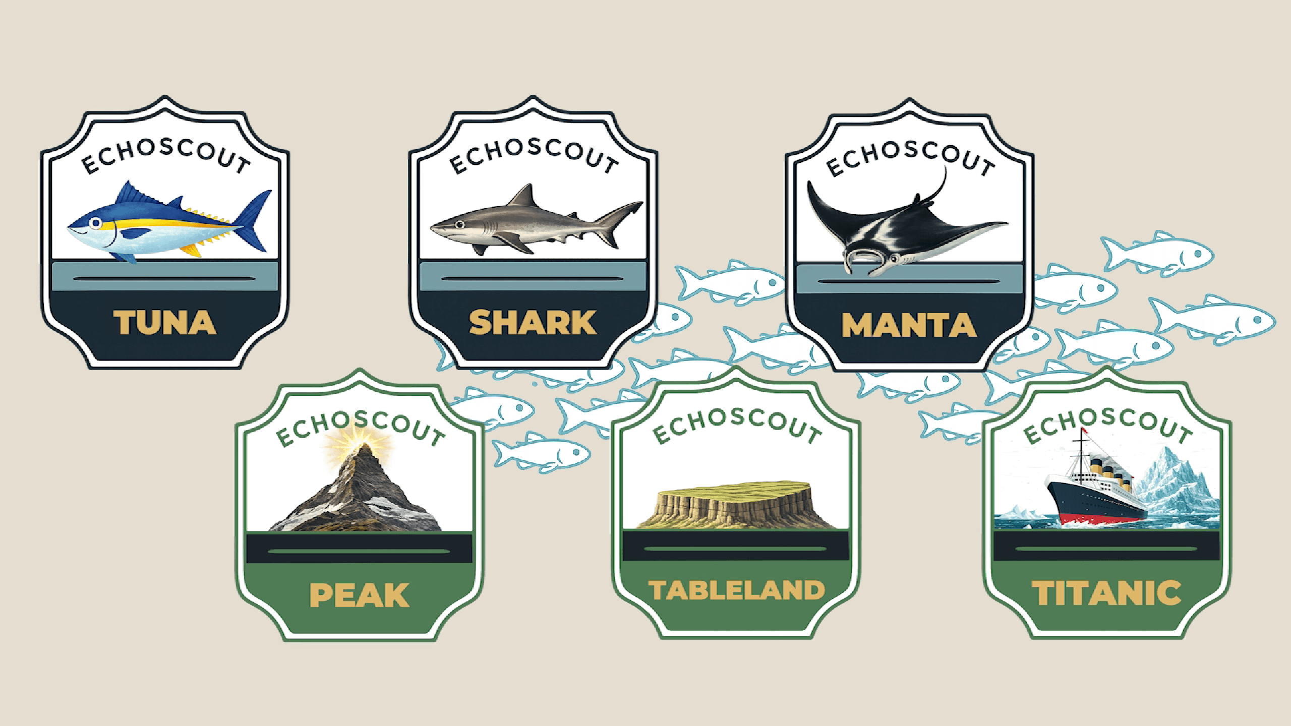 A complete set of six collectible EchoScout discovery badges