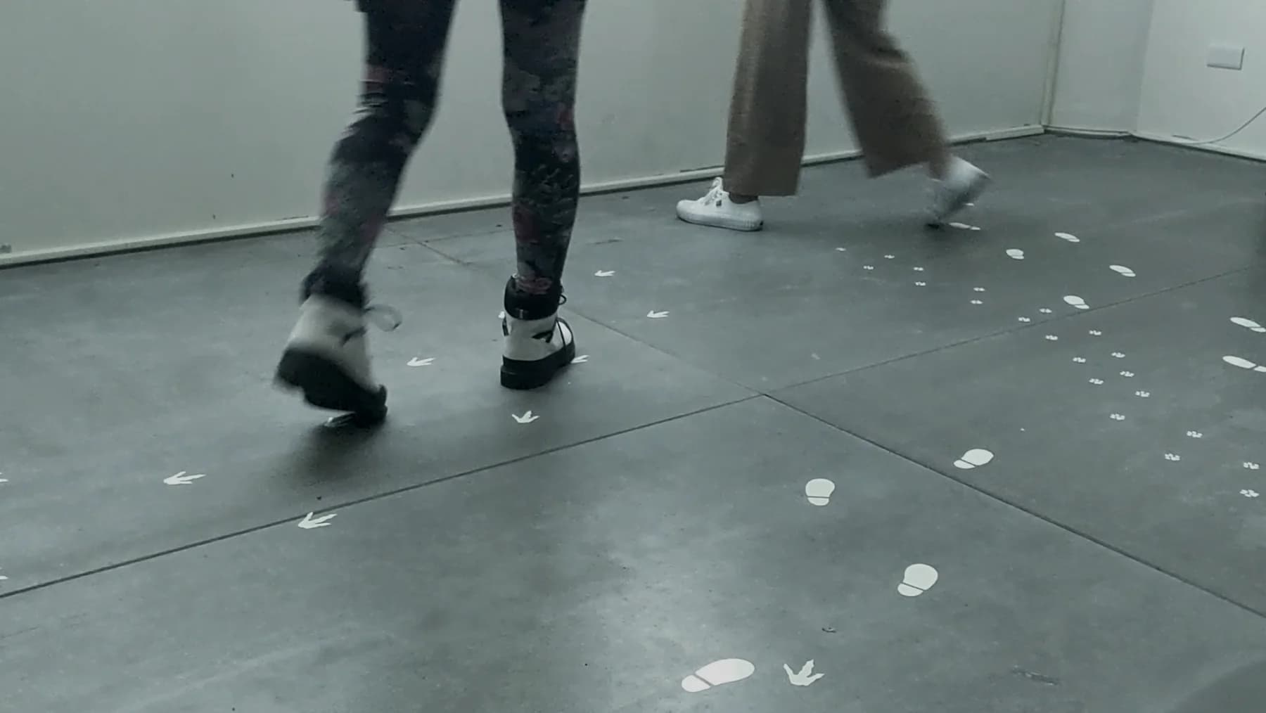 Visitors walking across human and bird footprint paths on the exhibition floor