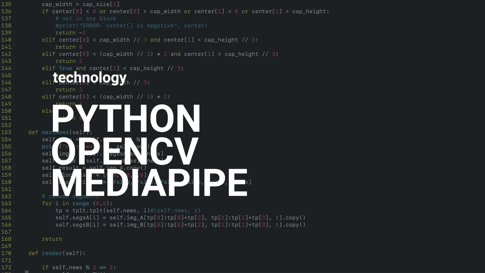Project film frame listing Python, OpenCV, and MediaPipe over source code